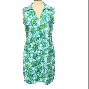 Katherine Way Dress L  Athletic Resort Travel Blue & Green Floral Collared NWOT